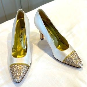 St.John Vintage satin and gold point toe 3” heel shoe